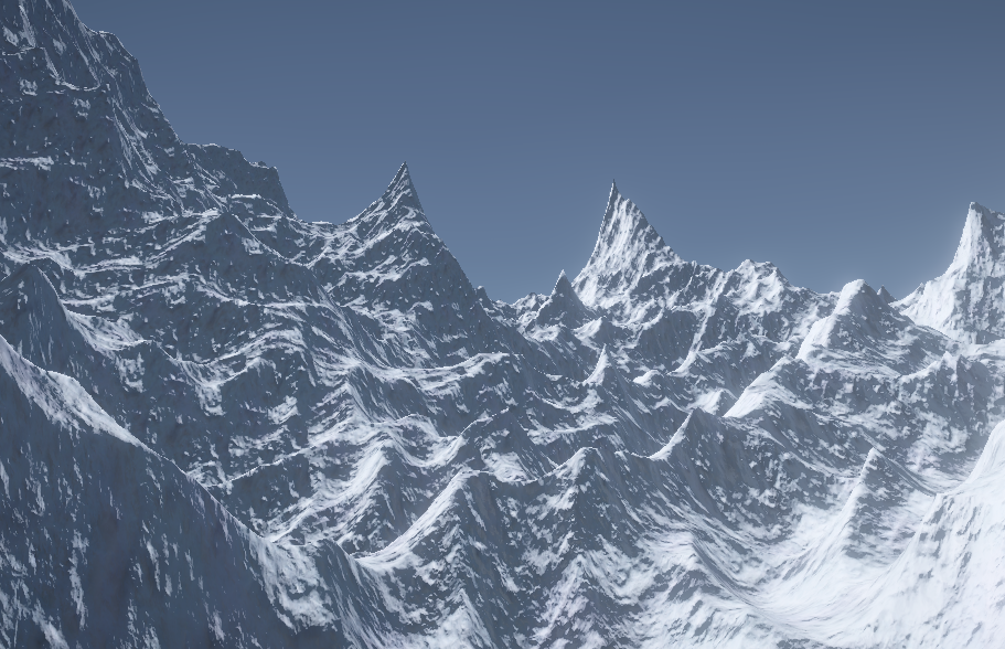 A mountain range, created using three dimensional Perlin Noise in Unity.